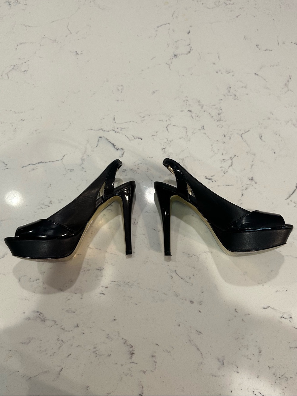bebe Black Patent Peep-Toe Slingback Platform Heels